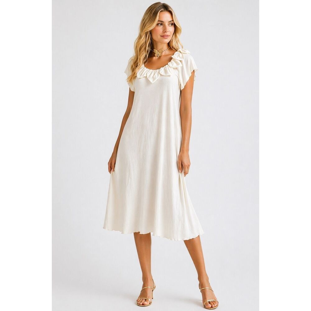 Love Moschino Ivory Ruffle Neck Cotton Dress Boho Flowy Midi Sz 6 (100)